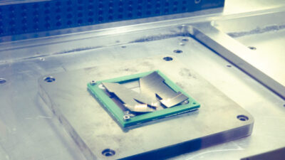 A steel plate in the shape of a Block M is marked with a laser inside the LPBF Panda 11 printer. Photo: Evan Dougherty/Michigan Engineering. Courtesy: University of Michigan