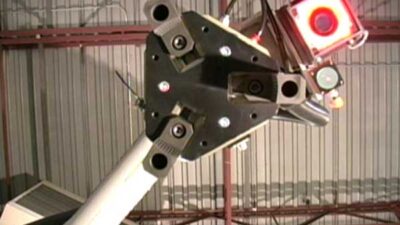 This shows the bin-picking robot from the parts’ point of view; camera is upper right. Courtesy: Cognex, JMP Engineering