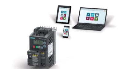 Siemens' Sinamics V20 Smart access is a web server module that mounts directly onto the V20 drive and transforms a mobile device or laptop into a virtual operator panel. Courtesy: Siemens
