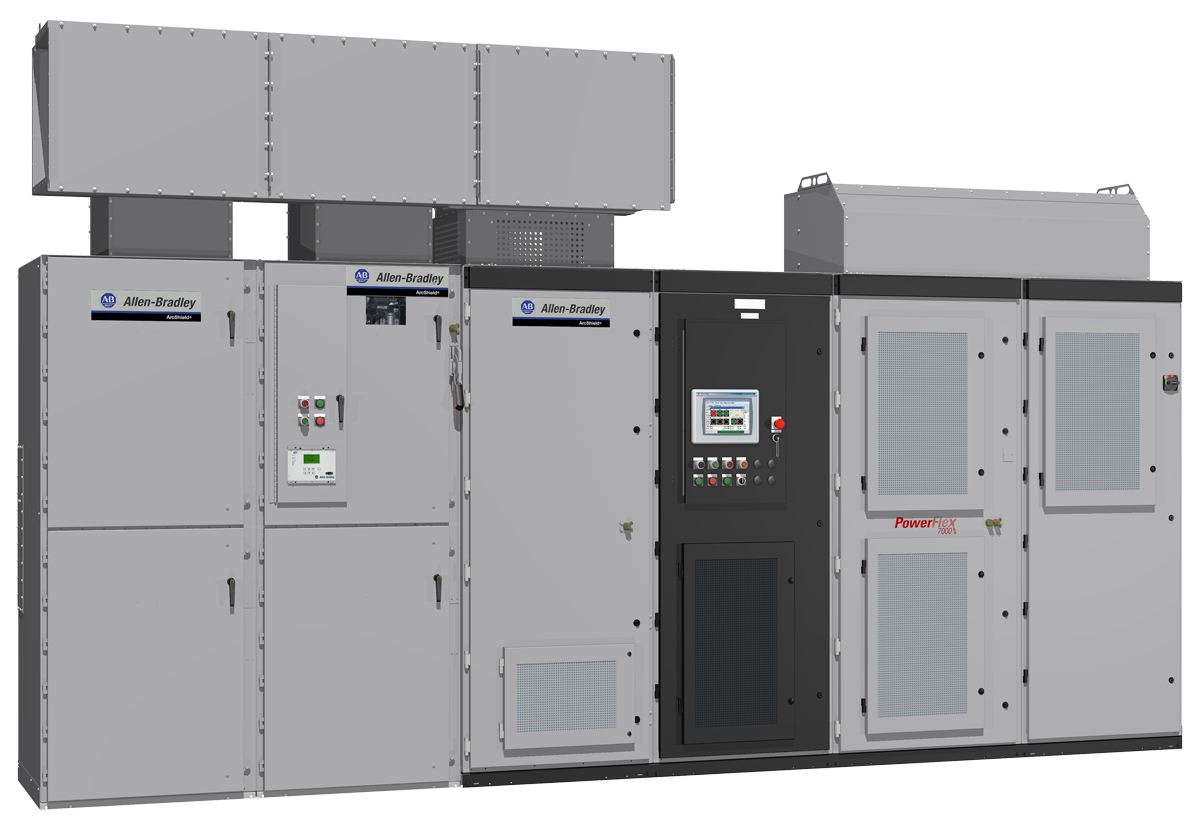 This medium-voltage drive, the Allen-Bradley PowerFlex 7000 Drive System with ArcShield Technology from Rockwell Automation, also has regeneration capabilities. The arc-resistant system is certified to meet global arc-resistant standards. The system provides an arc fault rating up to 50 kA and meets Type 2B accessibility protection standards. Courtesy: Intermountain Electronics