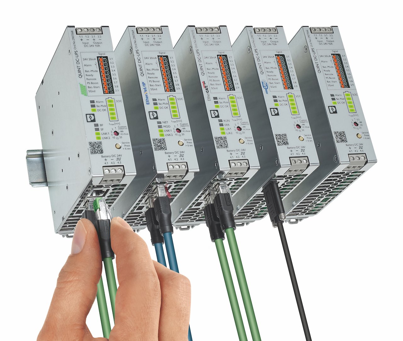 Industrial power supplies and UPSs can now connect to common industrial protocols like EtherNet/IP, Profinet, and EtherCAT, so users easily can access data about the state of the battery backup. Courtesy: Phoenix Contact
