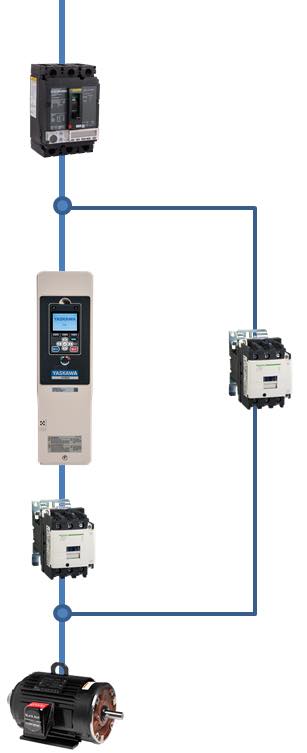 A two-contactor bypass is an accessory that allows motor operation across the line or through the VFD. Courtesy: Yaskawa America Inc.