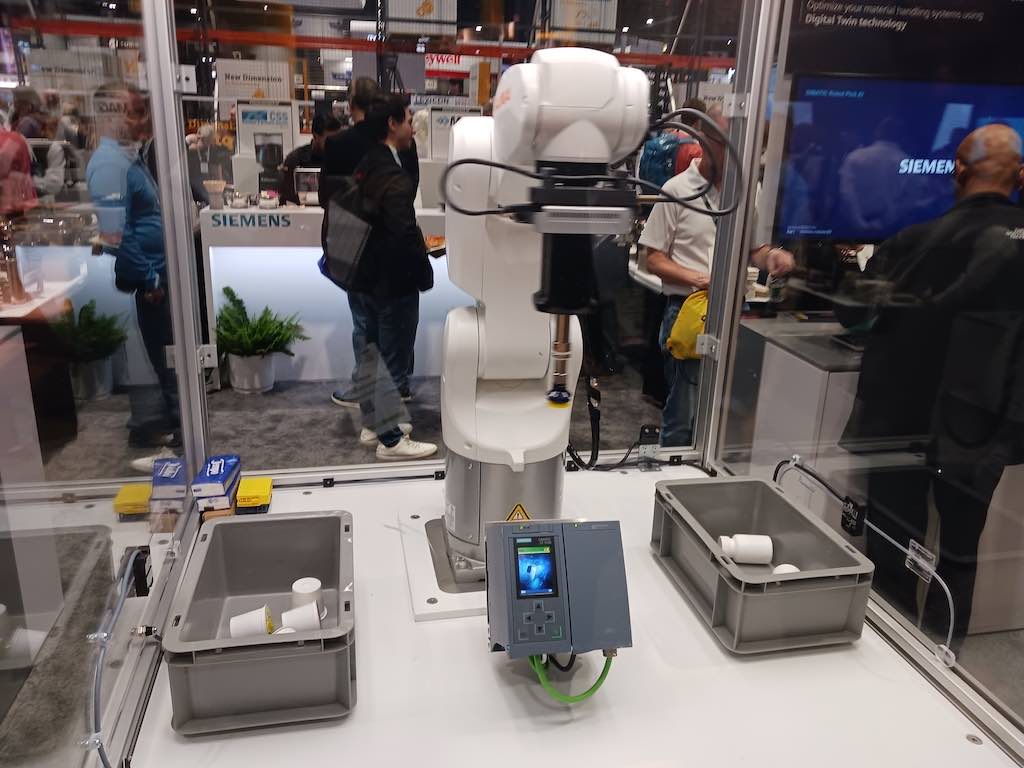 Artificial intelligences software helps robots from multiple manufacturers pick and place more effectively, as shown by Siemens at ProMat 2023. Courtesy: Mark T. Hoske, Control Engineering