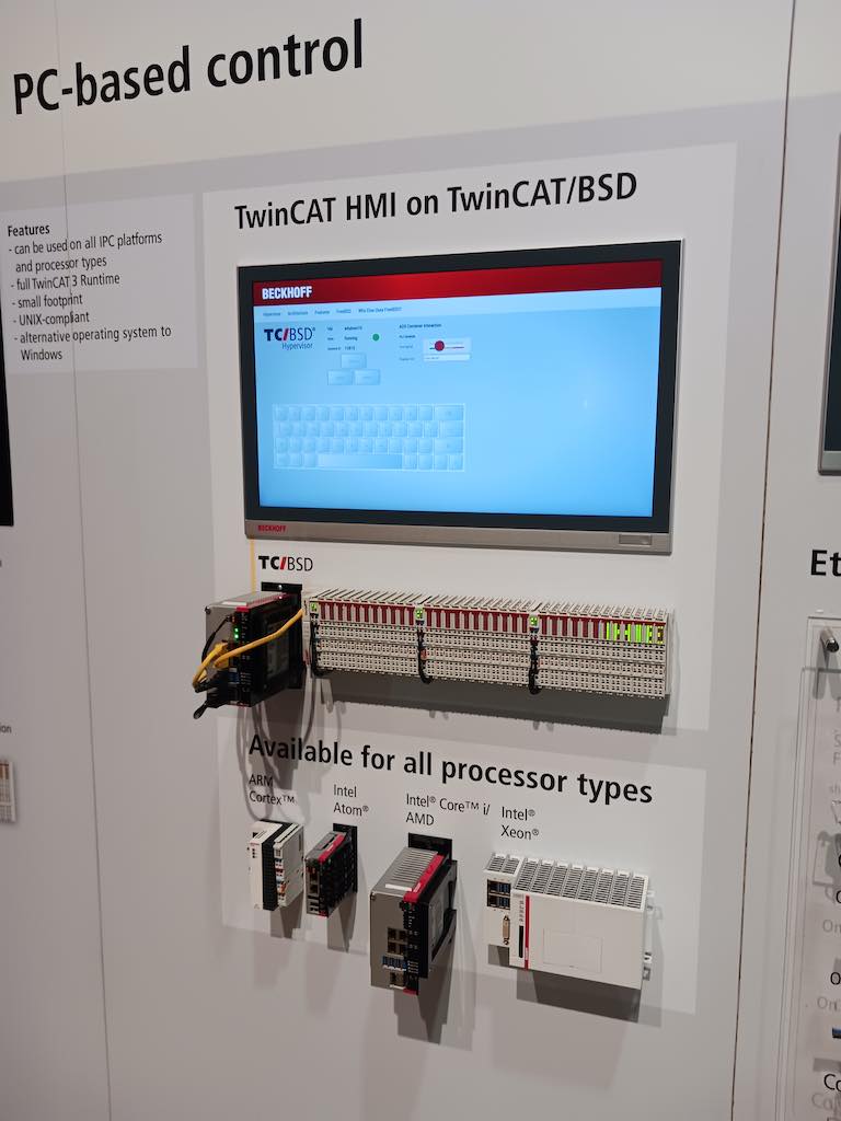 TwinCAT/BSD, a UNIX-based version of Beckhoff Automation programming and control platform, extends TwinCAT software beyond Microsoft Windows. (photo) Hypervisor virtualization software can run on TwinCAT UNIX or Microsoft Windows in virtual machine architectures, as shown at ProMat 2023. Courtesy: Mark T. Hoske, Control Engineering