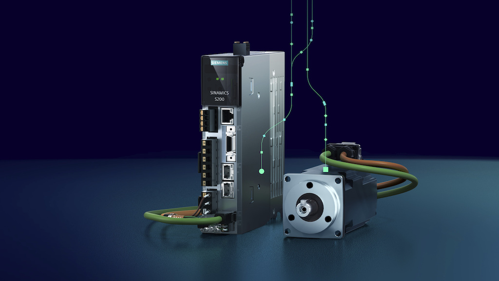 The new Siemens Sinamics S200 servo-drive system, comprising the S200 drive and Simotics S-1FL2 servo motor with Motion Connect cabling, bring an enhanced level of performance to a stand-alone or networked machine for various market uses. Courtesy: Siemens 