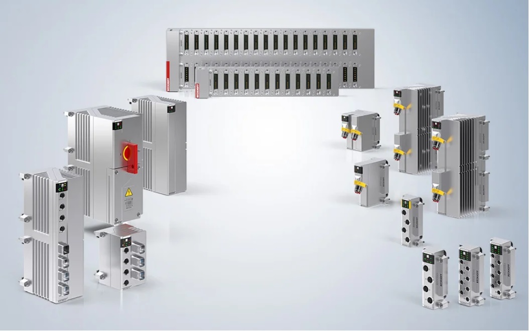 Beckhoff Automation MX-System is a pluggable platform for cabinet-free packaging machines. The modular system has pluggable IPCs, I/Os, couplers, motion, relays, and more on scalable baseplates for direct installation on the machine. It is IP67-rated with robust metal housing for control cabinet-free machine and system concepts. Courtesy: Beckhoff Automation