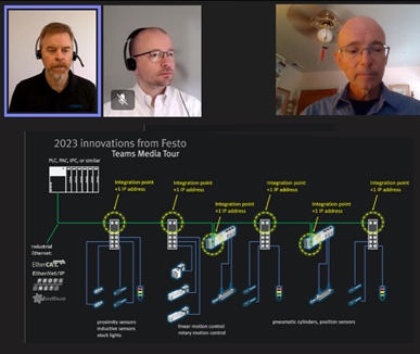 Eric Rice (left) and Tom Worsnopp, both product market managers – electric automation for Festo, explain to Mark T. Hoske, Control Engineering content manager (right), benefits of recent Festo product introductions to make motion design, implementation and use easier. Courtesy: Festo online meeting with Control Engineering via Microsoft Teams