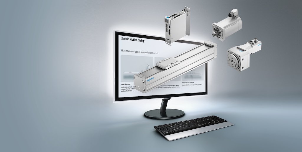 Parts flowing from the screen intends to represent how Festo Electric Motion Sizing software delivers error-free sizing of linear and rotary electromechanical systems in minutes and links to commissioning software. Courtesy: Festo