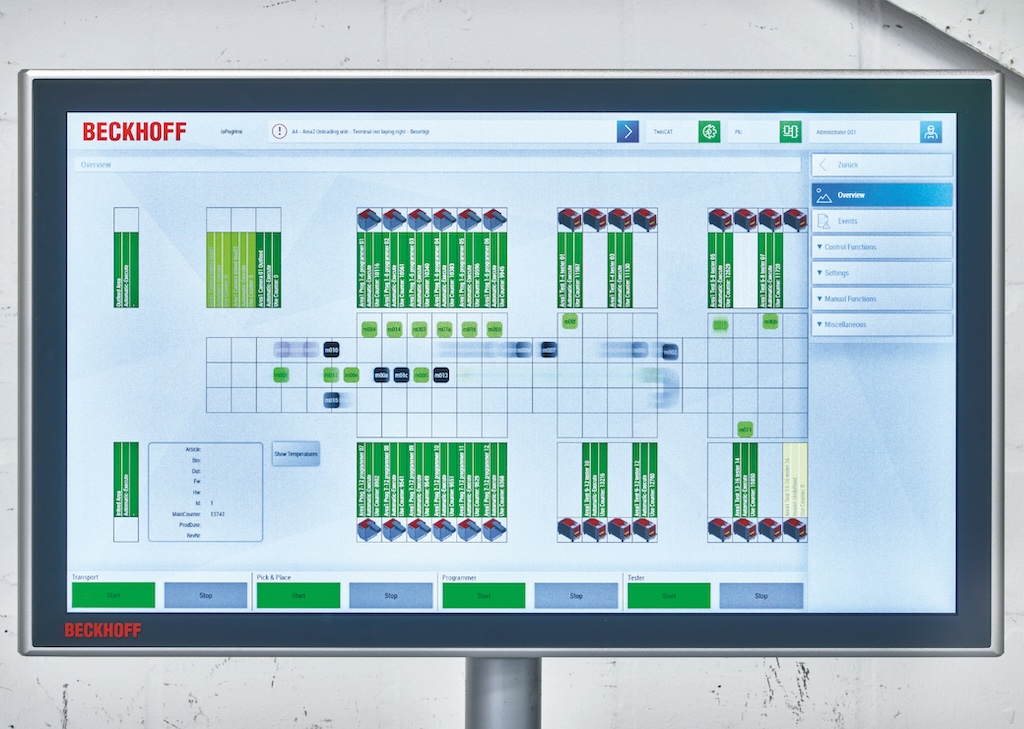 Figure 4: The positions of the 33 movers hovering over a total of 100 XPlanar tiles are displayed in real time in the visualization created with TwinCAT HMI. 