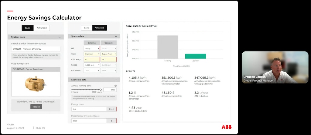 Figure 2: ABB revised its Energy Savings Calculator https://nema-energysave.us.abb.com to include the new motors. Find motor payback time, get an energy consumption report and quantify sustainability and carbon-dioxide savings, explained Brandon Canclini, ABB NEMA Motors Division global product manager. 
