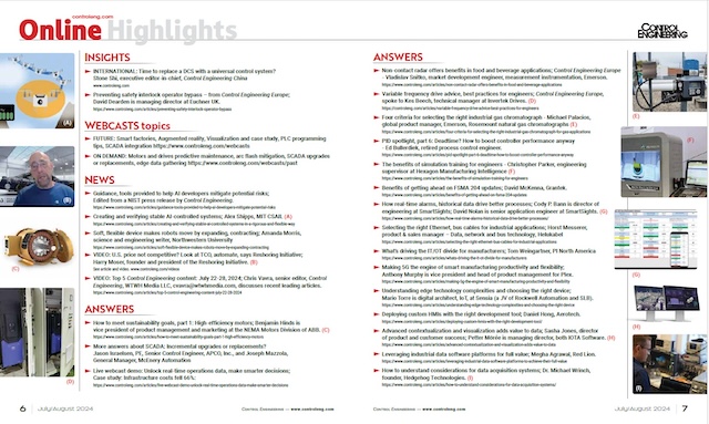 The last two pages of the July-August 2024 Control Engineering table of contents has links to 29 online articles and videos, a subset of automation, controls and instrumentation knowledge posted during July and August at www.controleng.com. 