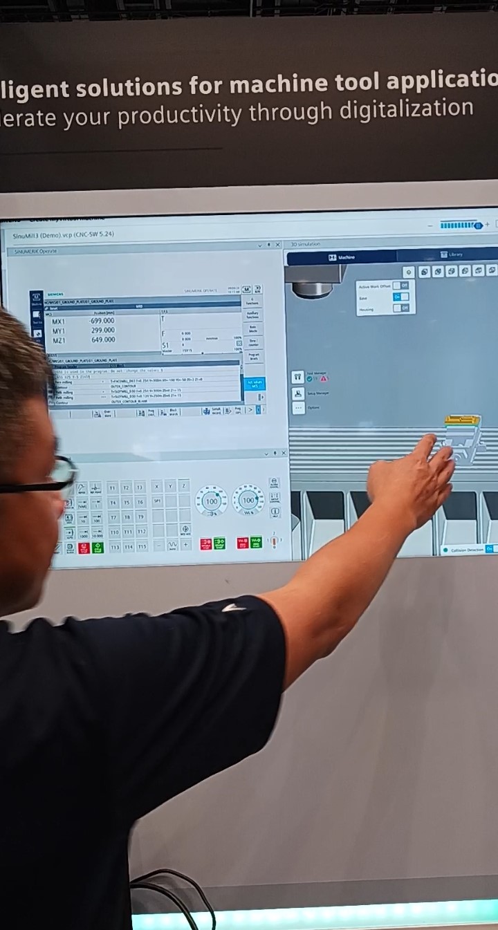 Figure 3: Training and workflow improves in an empowered digital machine shop, as Siemens showed at its IMTS 2024 booth. Siemens displayed digital threads, from blueprint to finished part, digital twin to simulation, part production, and integration of these processes into the digital factory for job shops and production departments, with Siemens hardware automation and digitalization software. Courtesy: Mark T. Hoske, Control Engineering, WTWH Media
