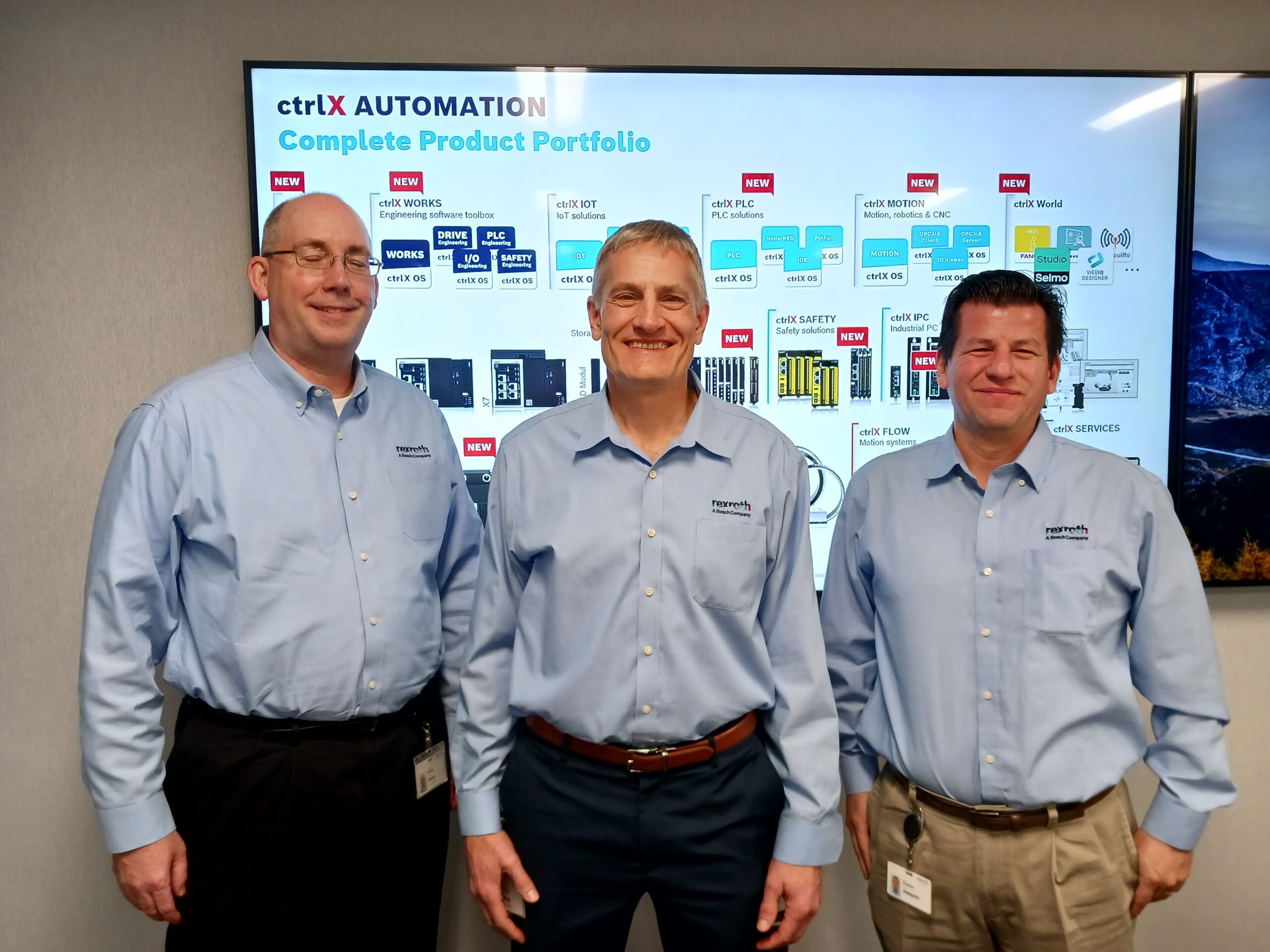 Explaining the benefits and expansion of the ctrlX OS during the ctrlX Automation Media Day 2024 in Hoffman Estates, Illinois, Rexroth headquarters, were, from left, Dave Boeldt, product manager, Mike Mueller, product manager, factory automation, automation and electrification, and Joaquin Ocampo, drive product manager, all with Bosch Rexroth Corp. Courtesy: Mark T. Hoske, Control Engineering