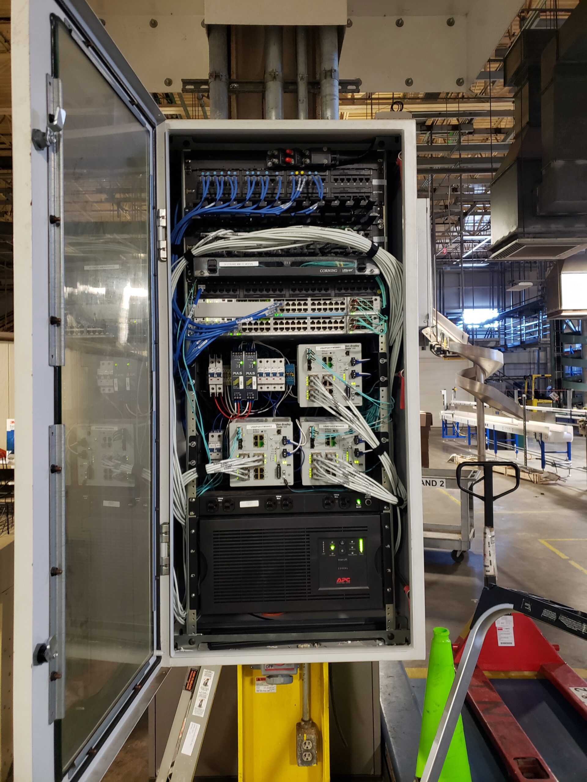 Figure 1: Plant-Floor network closet for information technology/operational technology (IT/OT) use samples the complexity of communications, part of a corporate infrastructure rollout across 22 client locations. Cybersecurity, reliability and robustness are all key aspects to a solid infrastructure. Courtesy: Matrix Technologies