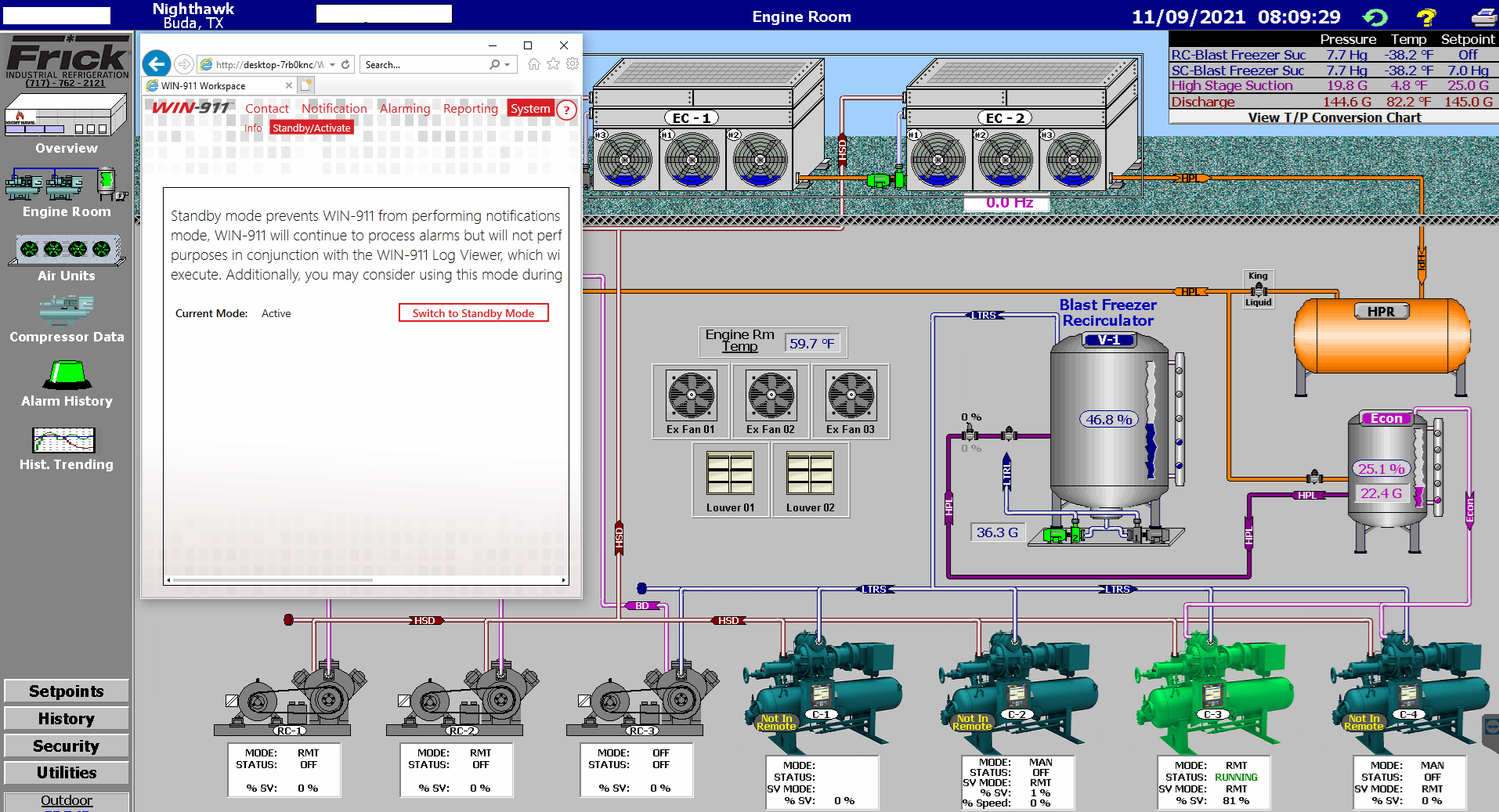 Figure 3: The Night Hawk maintenance and engineering team can easily see the refrigeration equipment inflows and outflows status via remote view from the main office computers to closely watch temperatures, ammonium levels, and other critical metrics. Courtesy: Night Hawk Frozen Foods