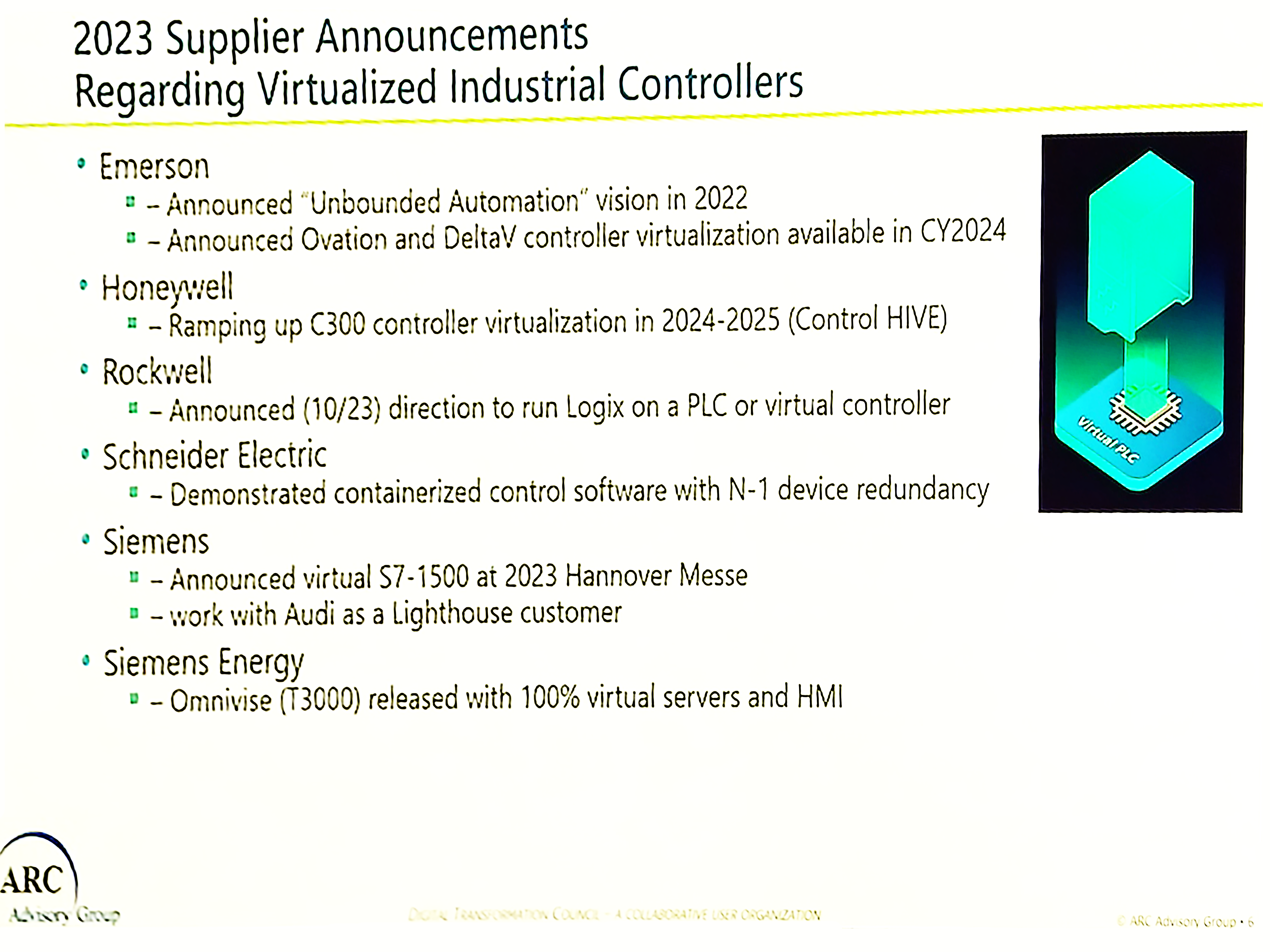 Figure 2: Harry Forbes, research director, ARC Advisory Group, said traditional industrial automation companies (and others) are embracing and introducing virtualized industrial controllers, including Emerson, Honeywell, Rockwell Automation, Schneider Electric, Siemens and Siemens Energy. These can help enable open process automation, as explained at the 2024 ARC Industry Forum. 